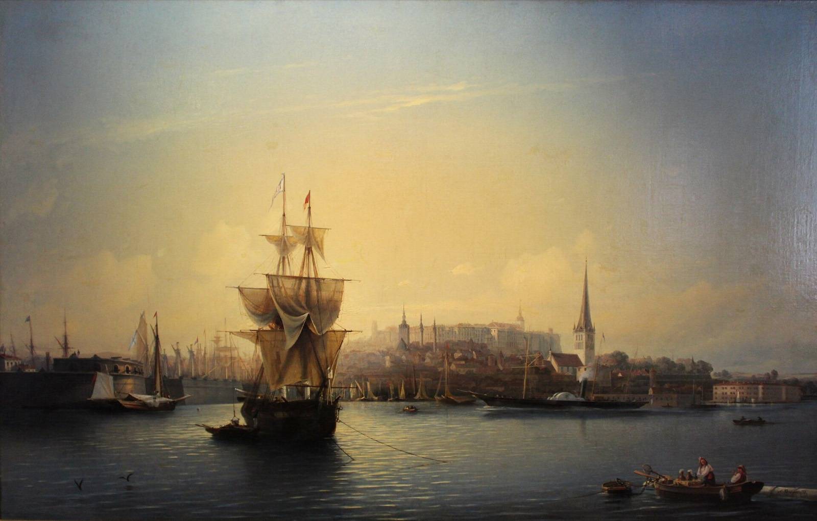 Gemälde: der Hafen von Tallinn 1853 mit Segelschiff und der Altstadt im Hintergrund